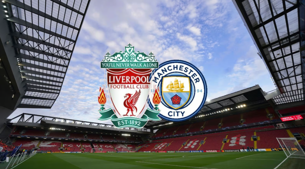 promotional graphic for a soccer match between Liverpool and Manchester City