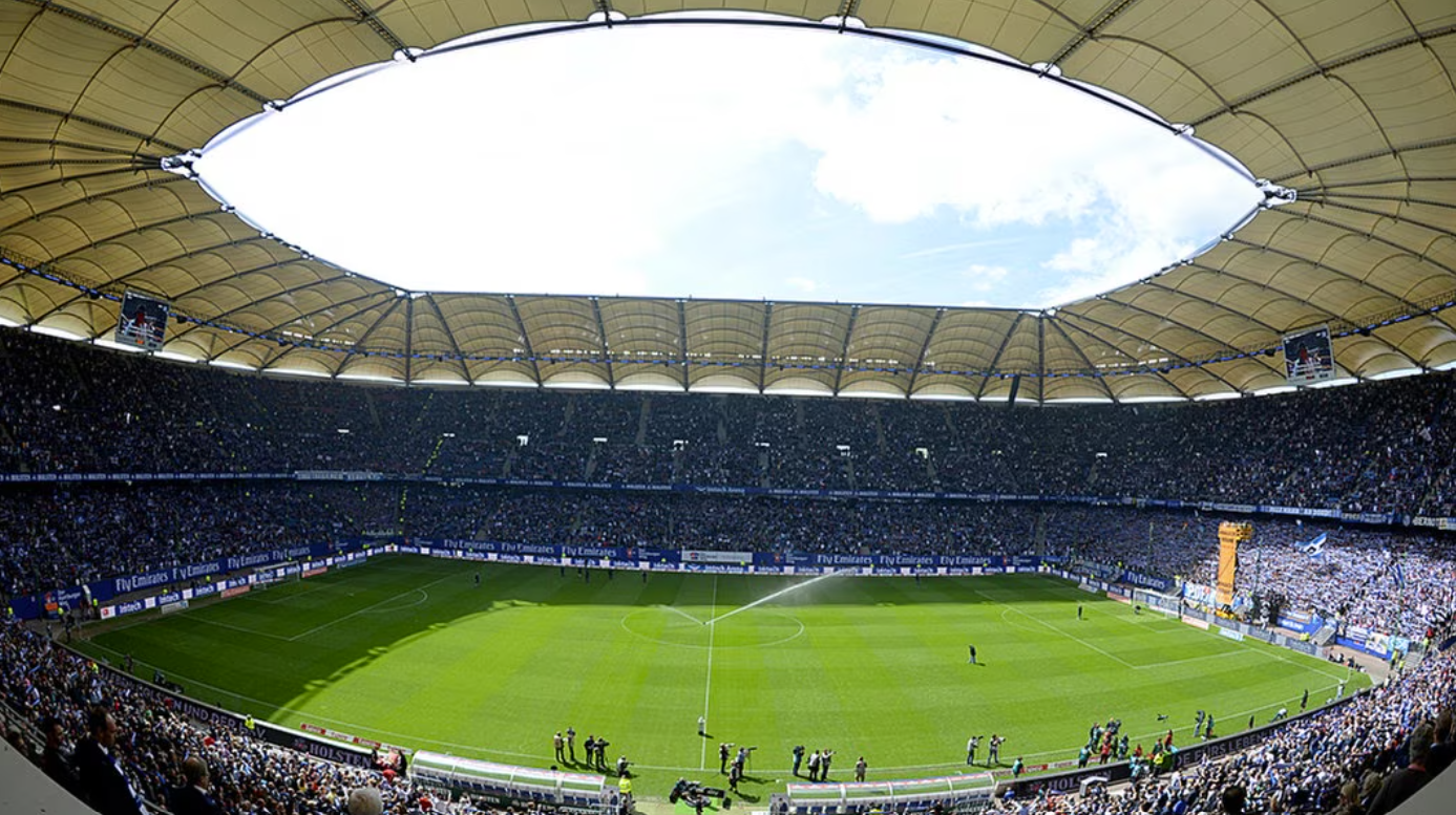 A panoramic view of the Volksparkstadion, a football stadium in Hamburg