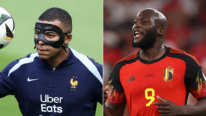 Kylian Mbappé of France and Romelu Lukaku of Belgium